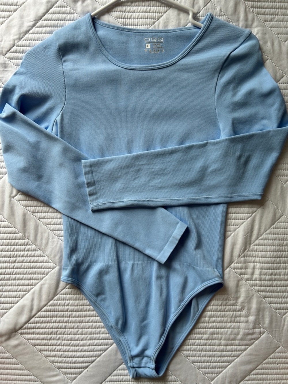 OQQ women’s Light Blue Long Sleeve Ribbed Bodysuit. - Picture 4 of 8